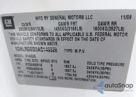 2010 Chevrolet Traverse Lt z USA, uszkodzony, nr VIN 1GNLRGED3AS149328